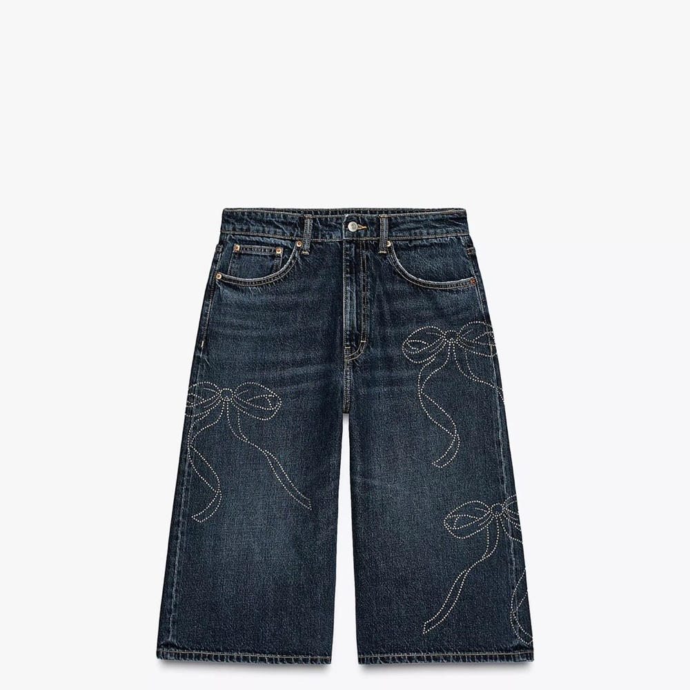 Zara MID-RISE RHINESTONE DENIM JORTS sz 14 NWT